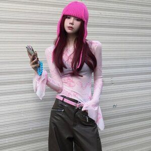 Y2K Dazy Sheer Long Sleeve Top with Ruffle Wrist M Pink 90s Vibe